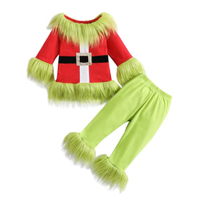 Traje de Natal monstro verde para criança, roupa de Papai Noel, Tops de pelúcia e Calça, bebê menino e menina infantil, crianças