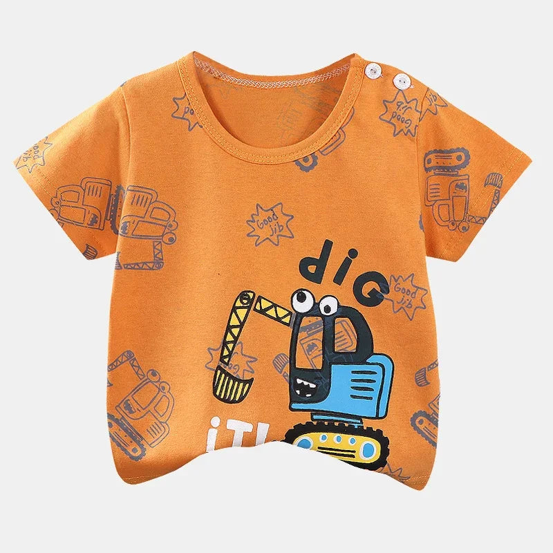 Camiseta infantil de manga curta, 100% algodão, roupas de bebê, roupas infantis, meninos, meninas, verão