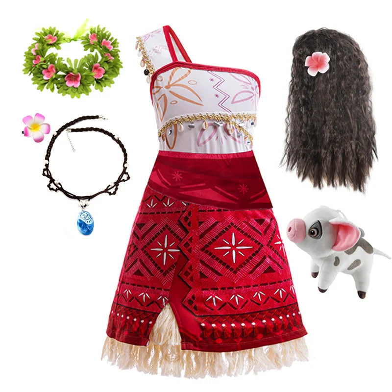 New Movie Moana 2 Vestido para meninas Adventure Costume Girl Princesa Roupas extravagantes Crianças Vaiana Carnival Party Necklace Pig Set