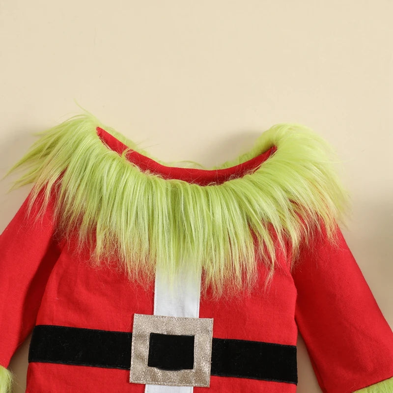 Traje de Natal monstro verde para criança, roupa de Papai Noel, Tops de pelúcia e Calça, bebê menino e menina infantil, crianças