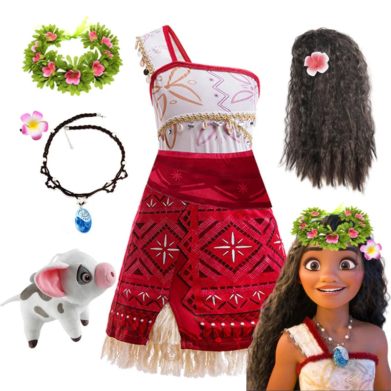 New Movie Moana 2 Vestido para meninas Adventure Costume Girl Princesa Roupas extravagantes Crianças Vaiana Carnival Party Necklace Pig Set