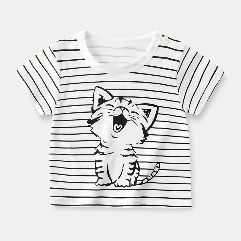 Camiseta infantil de manga curta, 100% algodão, roupas de bebê, roupas infantis, meninos, meninas, verão