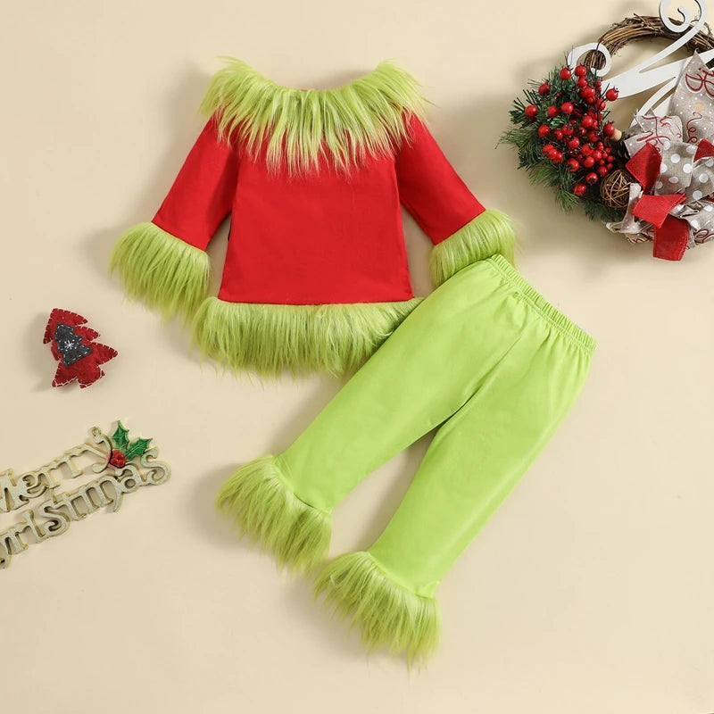 Traje de Natal monstro verde para criança, roupa de Papai Noel, Tops de pelúcia e Calça, bebê menino e menina infantil, crianças