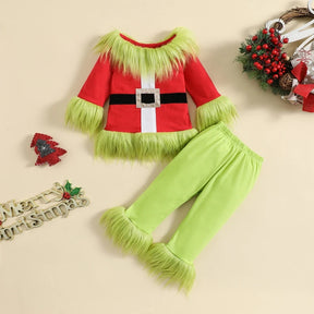 Traje de Natal monstro verde para criança, roupa de Papai Noel, Tops de pelúcia e Calça, bebê menino e menina infantil, crianças